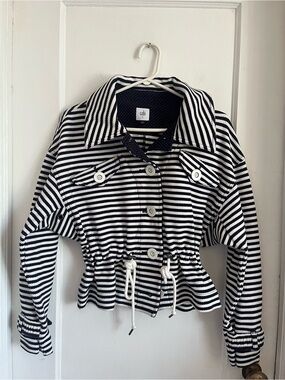 Cabi Harbour Striped Drawstring Waist Jacket - Navy and White